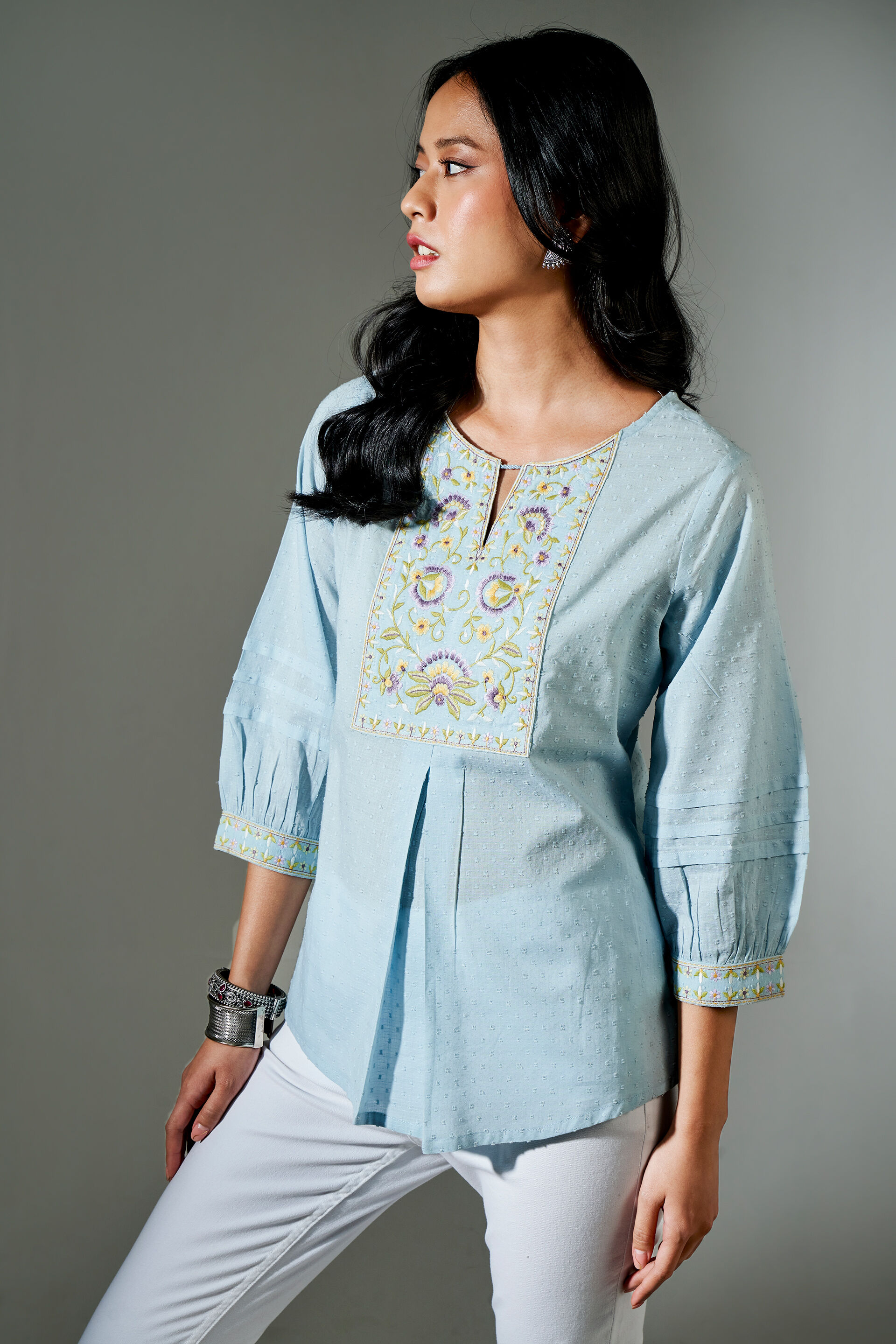 Aqua Dobby Embroidered Straight Top, Aqua, image 5